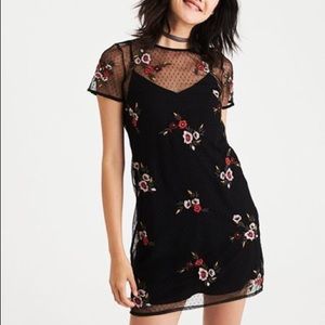 American Eagle Embroidered Mesh Overlay Dress